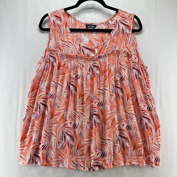 Basic Editions Tank Top Womens Sz L Tropical Shirred Crinkle Sleeveless Orange - Picture 1 of 11